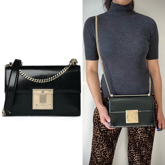 Versace Handbags - Versace Medusa Diamanté Diamond Brushed Leather Shoulder Chain Bag Black
